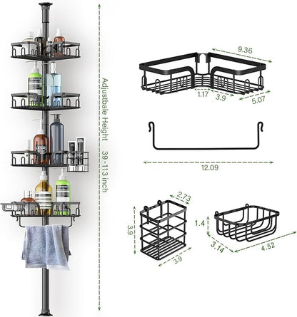 Corner Shower Caddy Tension Pole, 4-Tier Rustproof Bathroom Organizer Storage for Inside Shower Bathtub Shampoo,39 to 113 Inch Adjustable Floor Standing Shelves Black