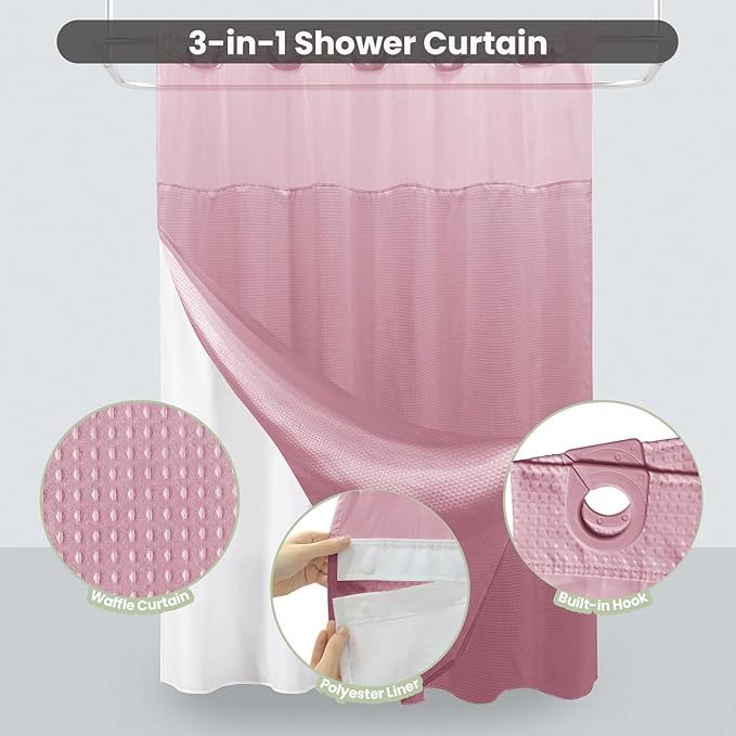 Inhousolu No Hook Shower Curtain with Snap in Fabric Liner Set Waffle Weave 230GSM Weighted Hem, Waterproof & Washable Bathroom Curtain Spa Luxury with Mesh Top Window 72" W x 72" L Pink