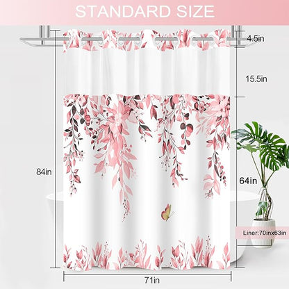 No Hook Shower Curtain and Liner Set, Pink Eucalyptus Floral Shower Curtains for Bathroom, Bath Curtain Sets with Snap in Liner, Waterproof with See Through Top Window, 71x84 Inches