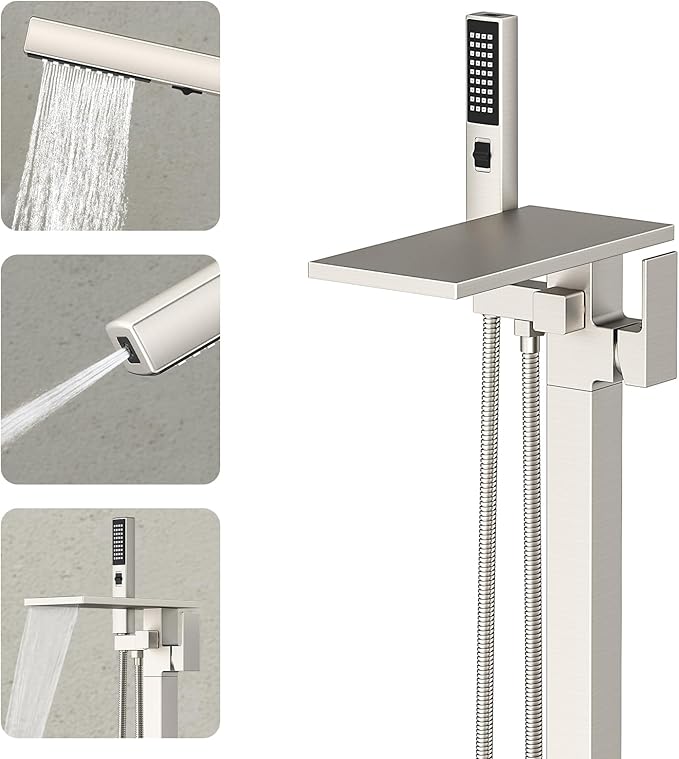 Freestanding Bathtub Faucet with Handheld Sprayer, Brushed Nickel Floor Mount Tub Filler, High Flow Waterfall Brass Bath Shower Faucet for Modern Bathroom