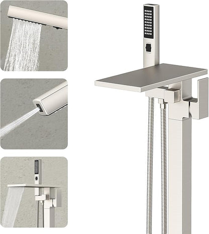 Freestanding Bathtub Faucet with Handheld Sprayer, Brushed Nickel Floor Mount Tub Filler, High Flow Waterfall Brass Bath Shower Faucet for Modern Bathroom