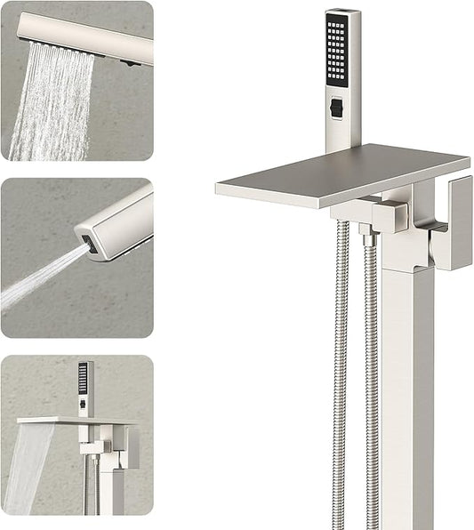 Freestanding Bathtub Faucet with Handheld Sprayer, Brushed Nickel Floor Mount Tub Filler, High Flow Waterfall Brass Bath Shower Faucet for Modern Bathroom
