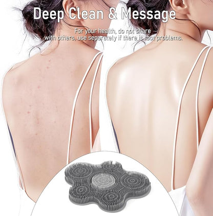 Shower Foot Scrubber Mat Silicone Back Exfoliating Cleaner, Feet Message Bath Washer Pad with Suction Cups for Wall Non-Slip - Itchy Toes Dead Skin Beauty Deep Clean Soft Bristles 14.2 * 11.2in Grey