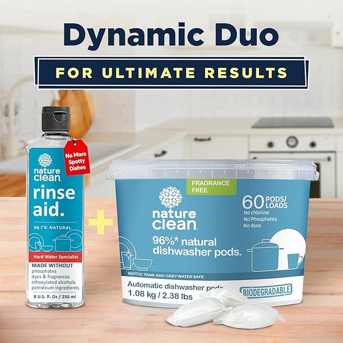 Nature Clean All Natural Dishwasher Rinse Aid Cleaner, Liquid Dishwasher Rinse Agent Spot-Free Glass & Cutlery in Hard Water, Non-Toxic Dish Washer Drying Agent & Stain Remover, 8 oz/250ml, Pack of 1