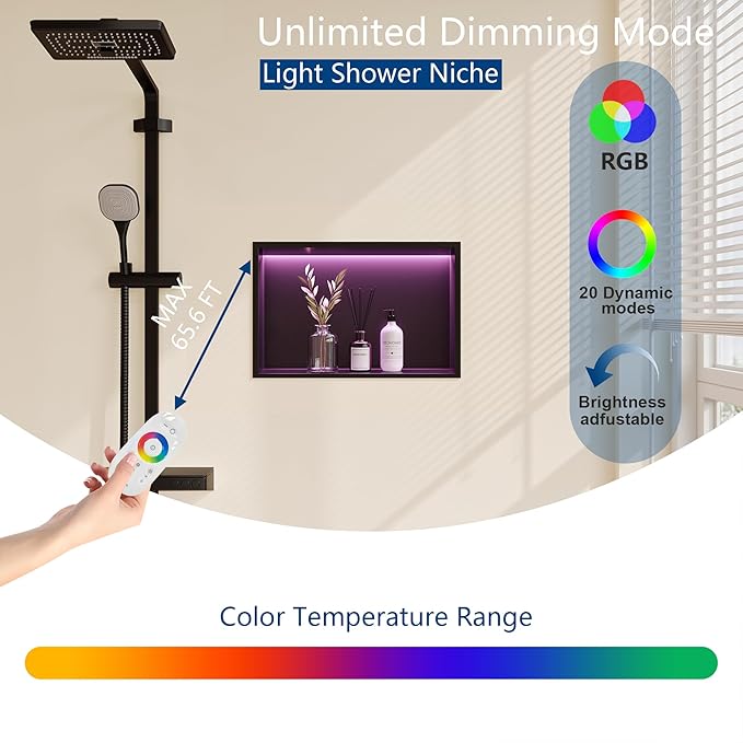 RGB LED Light Shower Niche, Matte Black 18X12 in Stainless Steel Recessed Storage with Remote Control, Waterproof No Tile Needed Wall Niche for Bathroom Storage Built-in Installation