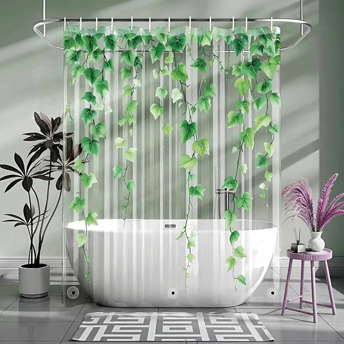 Clear Green Ivy Leaves Shower Curtain Liner, Transparent Plastic Nature Green Botanical Leaf Decorative Waterproof Shower Curtains for Bathroom, 72x72 Weighted Magnetic Shower Curtain Liner with Hooks