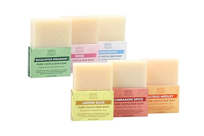 Adams Handmade Soap Variety Pack – 6 Bar Set: Unscented, Eucalyptus Spearmint, Rose, Lemon Sage, Cinnamon Spice, Citrus Medley | Vegan, Cold Process, 84% Organic, USA Made