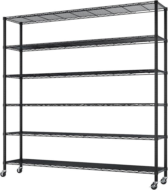 6 Tier Storage Racks Shelving, Heavy Steel Pantry Shelves, Adjustable Wire Shelving Rack with Wheels, Suitable for Garage, Kitchens, Offices, 59" W x 17.7" D x 83.8" H, Black