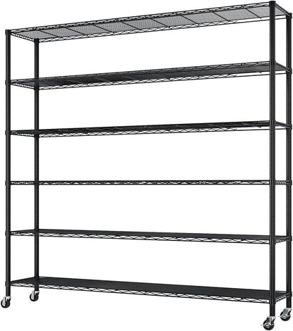6 Tier Storage Racks Shelving, Heavy Steel Pantry Shelves, Adjustable Wire Shelving Rack with Wheels, Suitable for Garage, Kitchens, Offices, 59" W x 17.7" D x 83.8" H, Black