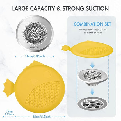 TRAPMATE Bathtub Drain Stopper/Protector/Hair Catcher Shower Drain/Easy Clean Hair Trap Strainer & Silicone Stopper for Tub, Sink (Yellow)