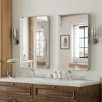 VooBang Bathroom Mirror 20x30 inch, Silver Gorgeous Deep Frame Wall Mirror, Modern Round Corner Bathroom Vanity Mirror for Bedroom, Living Room, Hanging or Leaning Horizontal or Vertical, Silver