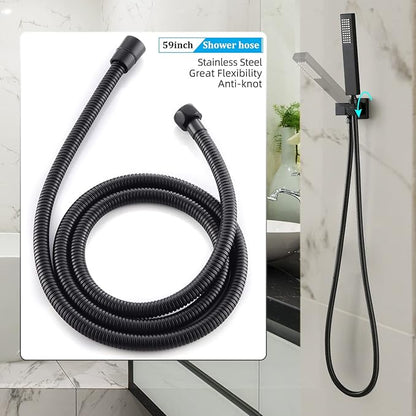 Matte Black Full Body Rain Shower System 16 Inch Ceiling Mount Dual Function Shower Faucet System Set with Overhead Rainfall Shower and Handheld Spray, Pressure Balance Valve Kit and Trim