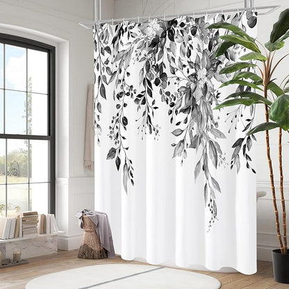 Gibelle Black and White Eucalyptus Shower Curtain, Grey Watercolor Plant Leaves with Floral Bathroom Shower Curtain Set, 72x72