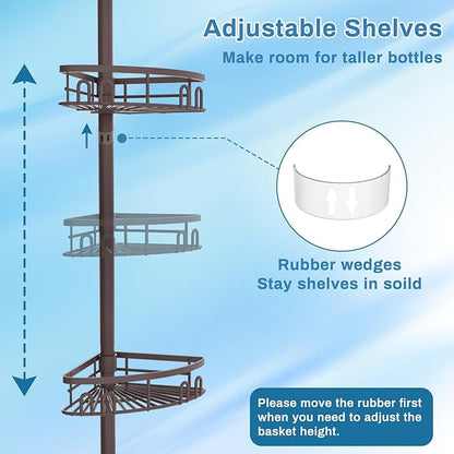Rustproof Shower Corner Caddy Shelf for Bathroom Tension Pole Organizer with 4 Baskets for Bathtub Shampoo Storage from 23.6 to 114.5 Inch with Towel Bar (Bronze)