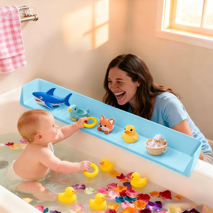 Splash Guard for Bathtub Kids, Longer Silicone Bathtub Splash Guard with 11 Suction Cups, Bath Tub Play Shelf for Kids & Toy Holder, Prevent Water Spill in Bathroom, Blue