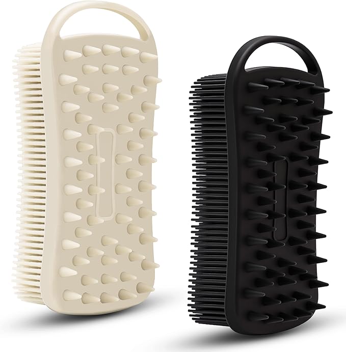 2 PC Silicone Body Scrubber, 2 in 1 Exfoliating Shower Bath Scrubber, Soft Silicone Loofah for Sensitive Skin, Shower Hair Scalp Massager, Easy to Clean, Lather Well (Grey&Black)