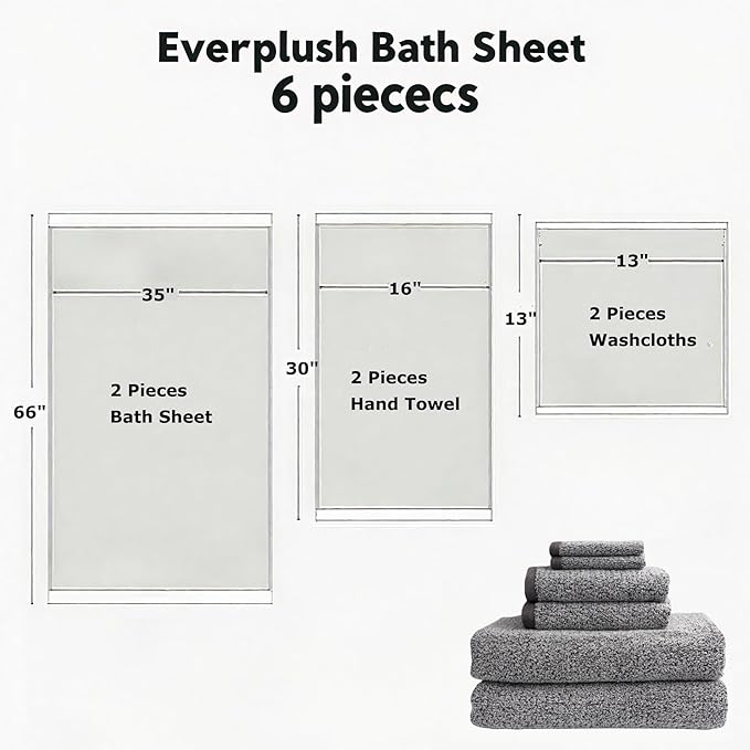 Everplush Diamond Collection 6-Piece Bath Sheet Towel Set, Soft Plush Jacquard Luxury Bath Towels,Highly Absorbent & Fast-Drying Luxury Towels Sets for Bathroom,Shower, or Spa (Grey, Bath Sheet 6PK)