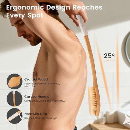 Bamboo Back Scrubber for Shower with Curved Long Handle - Stiff Natural Boar Bristles for Men and Women, Deep Cleansing and Exfoliating, Anti-Slip Grip for Wet or Dry Brushing