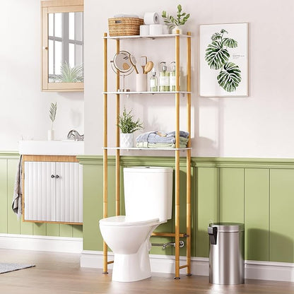 AmazerBath Bamboo Over The Toilet Storage Shelf, Bathroom Storage Organizer Rack, 3-Tier Bathroom Shelves Space Saver, White and Natural Color