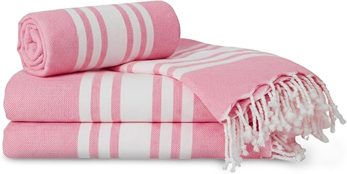 Turkish Cotton Beach Towel Pack of 4 & 1 Boho Tote Bag - Hammam Towels - No Shrink - Quick Dry - Lightweight - Sand Free - Camping - Pool - Tanning - Beach Essentials - Coral (40"x70")