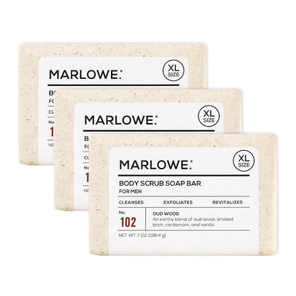 MARLOWE. No. 102 Body Scrub Soap 7 oz (3 Bars), Oud Wood, Exfoliating Soap Bar with Shea Butter, Olive Oil & Green Tea Extracts, Cleanses, Smooths & Revitalizes Skin, Earthy & Smoky Scent