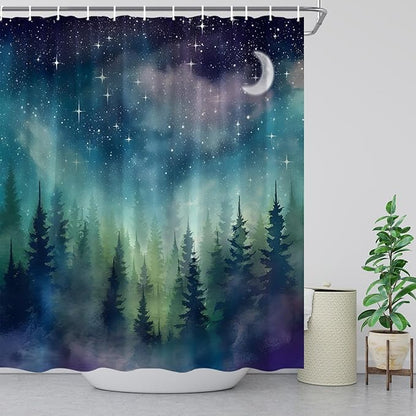 Forest Moon Shower Curtain Watercolor Misty Forest Fantasy Starry Sky Galaxy Nature Gothic Scenery Abstract Outdoor Bathroom Decor Curtains with Hooks, Purple 70" L x 36" W