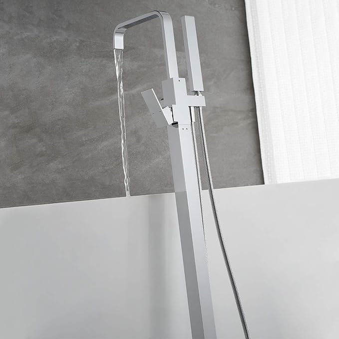 Freestanding Tub Filler Bathtub Faucet Chrome Waterfall Floor Mount Single Handle Brass Bathroom Faucets with Handheld Shower