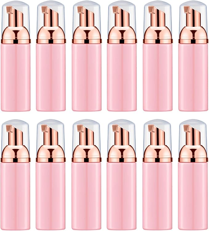 Lil Ray 2 Oz Empty Pink Foam Pump Bottle, Travel Foamer Soap Dispenser for Lash Shampoo, Hand Soap, Foaming Cleaner(Rose Gold Pump, 12 PCS)