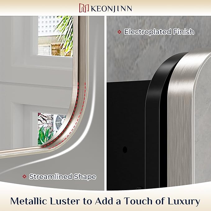 Keonjinn 24 x 32 Inch Brushed Nickel Mirrored Medicine Cabinet, Recessed Medicine Cabinets for Bathroom, Silver Stainless Steel Framed, Adjustable Shelves, in Wall or Surface Mount, Modern Style