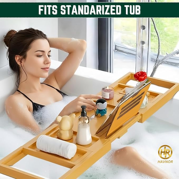 Bamboo Bathtub Caddy Tray Expandable & Foldable Bath Shelf with Book, Tablet & Wine Holder Adjustable Wooden Bath Tray for Relaxing Spa at Home – Fits Most Tub Sizes.
