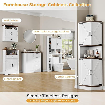 Bathroom Wall Cabinet, Farmhouse Wall Mounted Medicine Cabinet with Drawer, Barn Doors and Adjustable Shelf, 25"H x 23.6"W x 9"D White Over Toilet Storage Cabinet for Kitchen, Laundry Room, Entryway