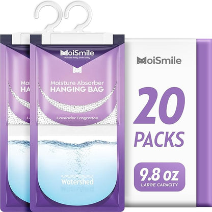 Moisture Absorbers 20 Pack Lavender Fragrance, Hanging Closet Dehumidifier Bags, Humidity Absorber, Compact Eliminates Odors Humidity Packs for Car, Bathroom, Bedroom, Basement, 9.8OZ