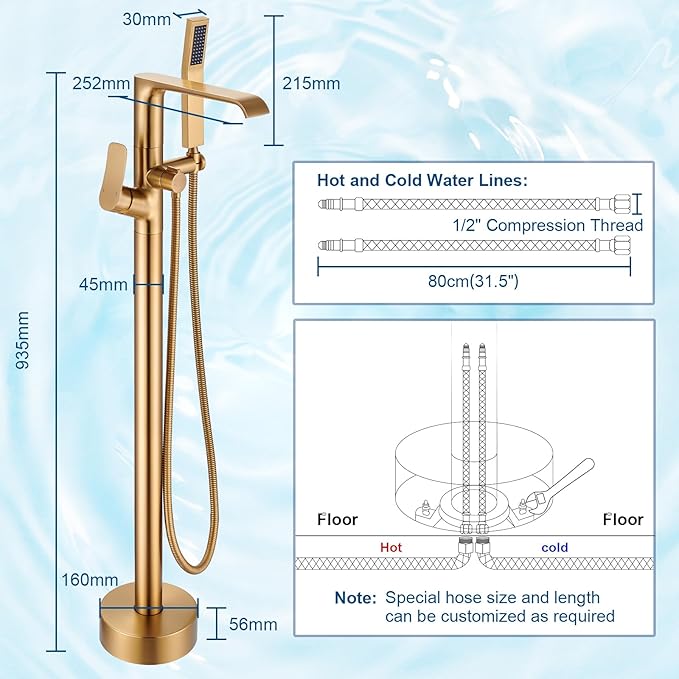 Floor Mount Tub Faucet Gold: Freestanding Bathtub Faucet with Handheld Spray Head - Gold Tub Filler Shower Faucet Set 360 Degree Swivel Waterfall Spout - Beelee