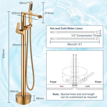 Floor Mount Tub Faucet Gold: Freestanding Bathtub Faucet with Handheld Spray Head - Gold Tub Filler Shower Faucet Set 360 Degree Swivel Waterfall Spout - Beelee