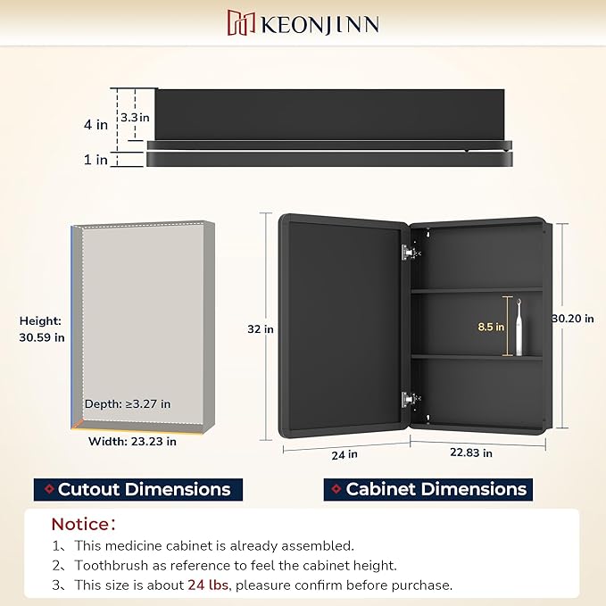 Keonjinn 24 x 32 Inch Brushed Nickel Mirrored Medicine Cabinet, Recessed Medicine Cabinets for Bathroom, Silver Stainless Steel Framed, Adjustable Shelves, in Wall or Surface Mount, Modern Style