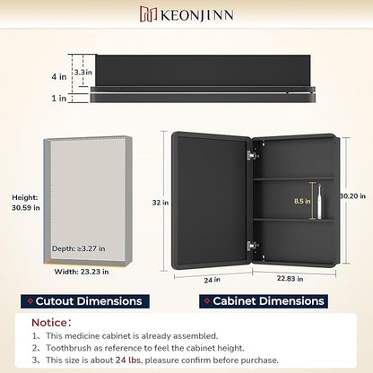 Keonjinn 24 x 32 Inch Brushed Nickel Mirrored Medicine Cabinet, Recessed Medicine Cabinets for Bathroom, Silver Stainless Steel Framed, Adjustable Shelves, in Wall or Surface Mount, Modern Style