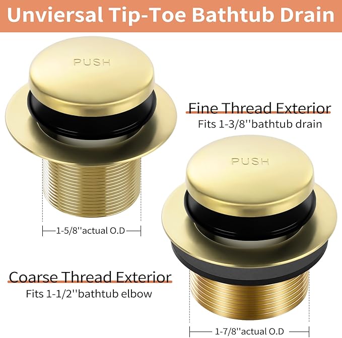 Gold Bathtub Drain Tip-Toe Tub Trim Set with Two-Hole Overflow Faceplate Bathroom Tub Drains Replacement Conversion Tub Drain Kit Assembly with Universal Fine & Coarse Thread