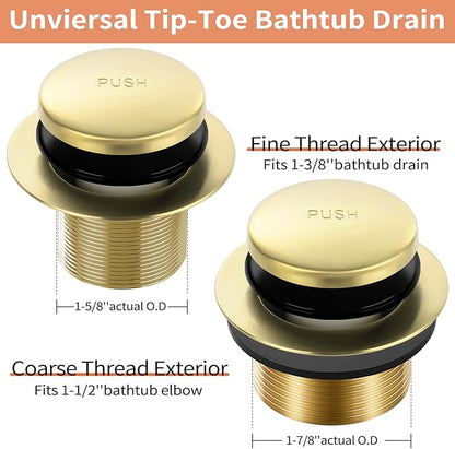 Gold Bathtub Drain Tip-Toe Tub Trim Set with Two-Hole Overflow Faceplate Bathroom Tub Drains Replacement Conversion Tub Drain Kit Assembly with Universal Fine & Coarse Thread