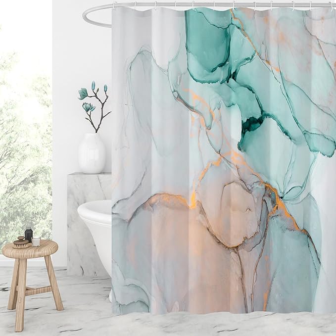 Gibelle Abstract Marble Shower Curtain, Teal Grey Fabric Shower Curtain for Bathroom, Modern Ink Art Decor Waterproof Shower Curtain Set with Hooks, 71x71