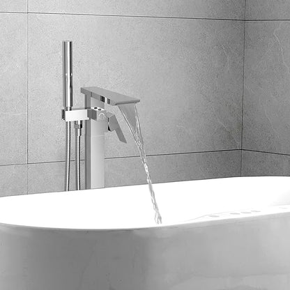 RUMOSE Polished Chrome Bathtub Filler Freestanding Tub Filler Floor Mount Tub Faucet Waterfall Bathtub Faucet with CUPC Certified High Flow Brass Bath Shower Faucets with Handheld Sprayer