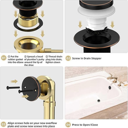 Oil Rubbed Bronze Tub Drain Kit with Hair Catcher, Premium Brass Tip-Toe Bathroom Tub Drain Replacement and 2-Hole Overflow Faceplate, 11.5/16 UNC Bathtub Drain Stopper Assembly