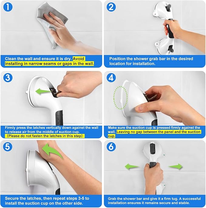 Suction Grab Bar with Safety Indicator for Bathtub Shower Bathroom, Heavy Duty Handrail Removable Reusable for Elderly disabled and Kids, Anti-Slip Grip, No Drilling Tool Free, Waterproof Black
