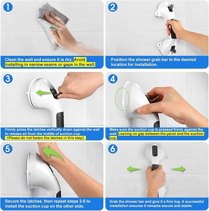 Suction Grab Bar with Safety Indicator for Bathtub Shower Bathroom, Heavy Duty Handrail Removable Reusable for Elderly disabled and Kids, Anti-Slip Grip, No Drilling Tool Free, Waterproof Black