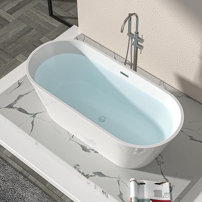 Logmey 63" White Acrylic Freestanding Bathtub Oval Shape Soaking Tub with Chrome Drain & Overflow Assembly for Classic and Modern Bathrooms
