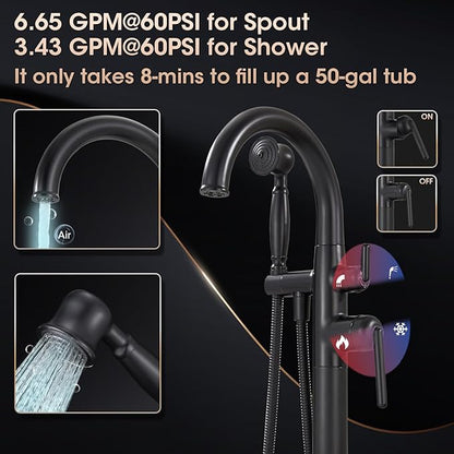 Freestanding Bathtub Faucet Matte Black Floor Mount Tub Faucets High Flow Max 6.6GPM/60PSI Vintage Hand Shower&Swivel Spout