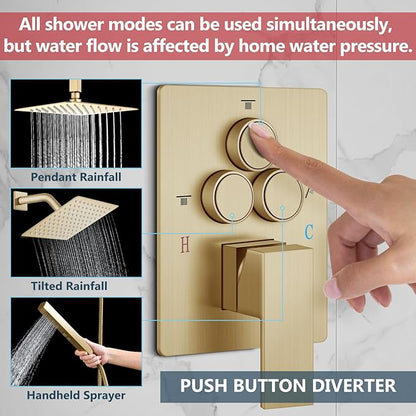 Aolemi Shower Faucet Set Ceiling Mount Shower System Rough-in Valve and Shower Trim Kit 10 and 6 Inch Dual Shower Head 2 in 1 Handheld Spray Push Button Diverter Brushed Gold