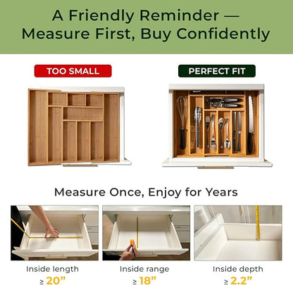 6-Piece Bamboo Drawer Organizer Set, 2.2" Deep Multi-Use Organizers for Utensils, Silverware, Cutlery, Desk, Bathroom, Junk Drawer & Makeup, Non-Slip Feet Included.
