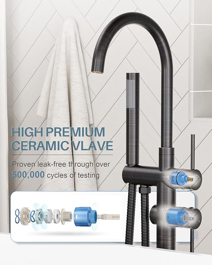 Freestanding Tub Filler Faucet Bronze: High Flow Brass Floor Mount Bathtub Filler, Swivel Gooseneck Spout with Single Handheld Sprayer for Bathroom Shower, Oil Rubbed Bronze