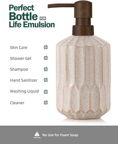 Fun Elements Bathroom Soap Dispenser, 16 Oz Luxurious Hand soap Dispenser for Bathroom, Ceramic Liquid Soap Dispenser for Bathroom Countertop with Plastic Pump, Silicone Funnel (Wooden Color Pump)
