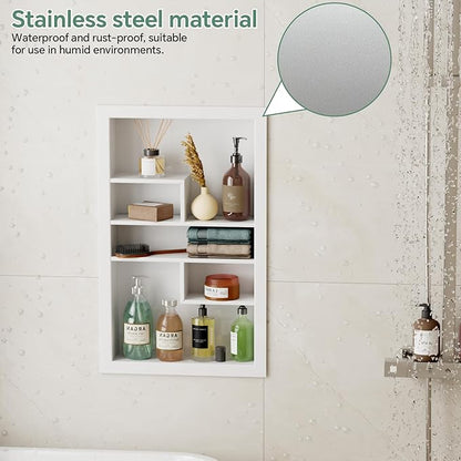Stainless Steel Recessed Medicine Cabinet 14 * 24, Rust-proof Metal Wall Niche, In Wall Shower Niche Shelf Insert Replacement, Recessed Medicine Cabinets for Drywall, with 5 Compartments, White